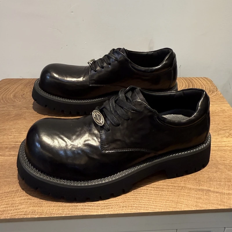 2025春夏新款男士英伦风甩纹大头德比鞋黑色工装商务厚底休闲男鞋