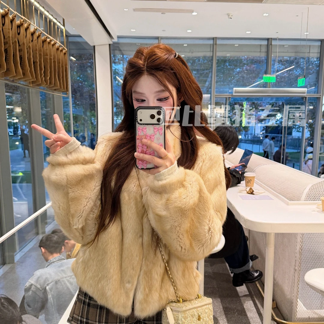 "鎏金双色"新款千金风双色真兔毛天然皮草外套