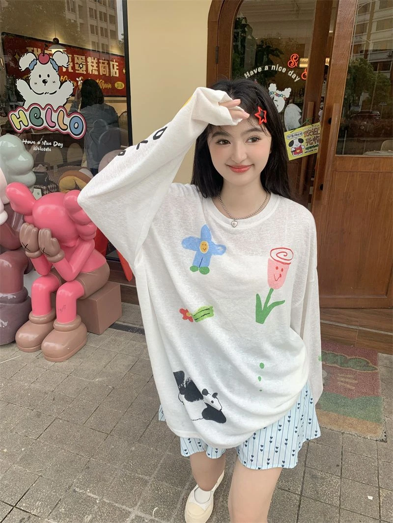 大码胖mm甜美宽松多巴胺可爱印花薄款长袖T恤女防晒罩衫中长上衣