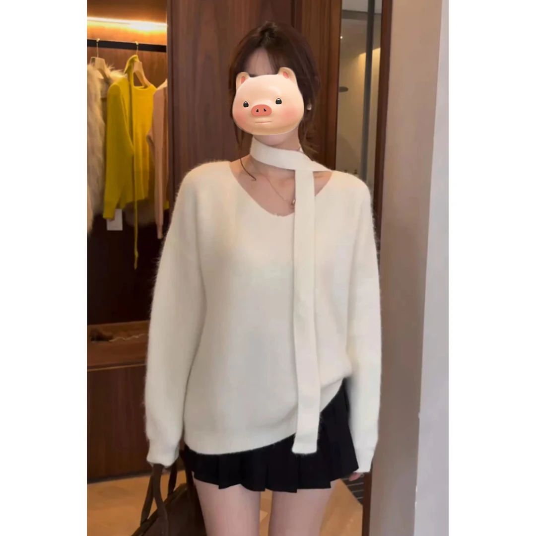 法式V领挂脖飘带白色套头毛衣女秋冬宽松慵懒风中长款针织衫上衣