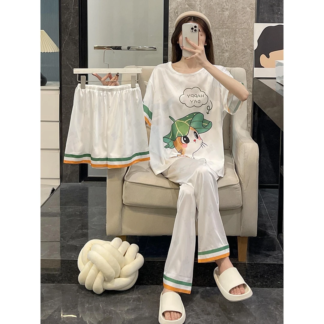 冰丝睡衣女夏季薄款短袖大码三件套装可外穿凉感春秋天家居服