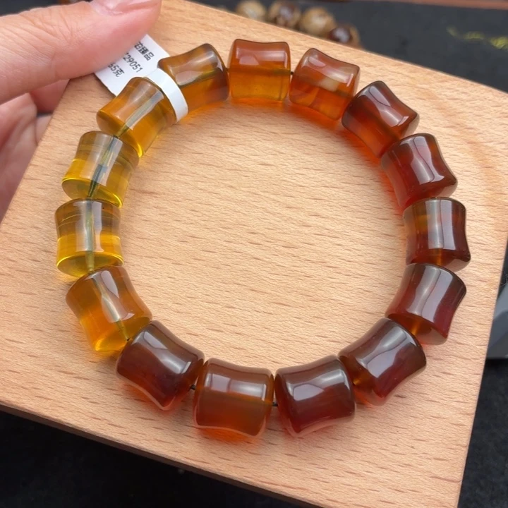 琥珀未镶嵌珠宝奇石12mm彩虹渐变竹节珠