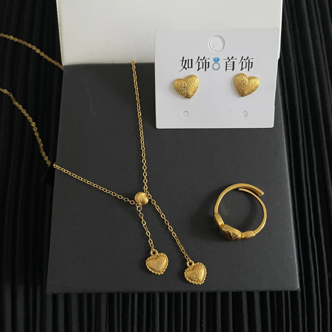 铜合金项链 如饰 古法小爱心三件套套装复古简约金色精致气质