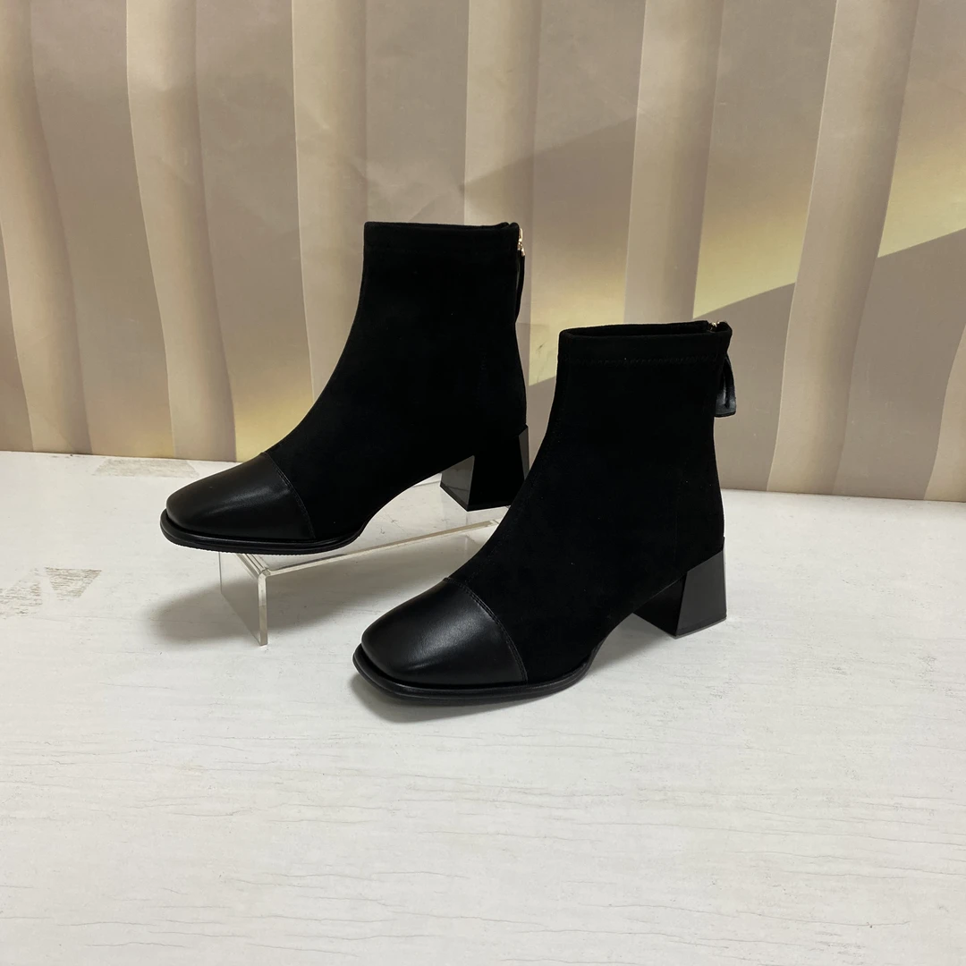 5110秋冬时尚拼接粗跟方头加绒短靴F