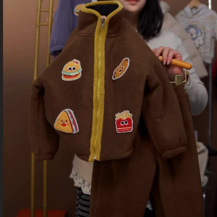 【加绒拉链套装】冬季新款儿童双面绒套装葵花绒卫衣套装男女童套装