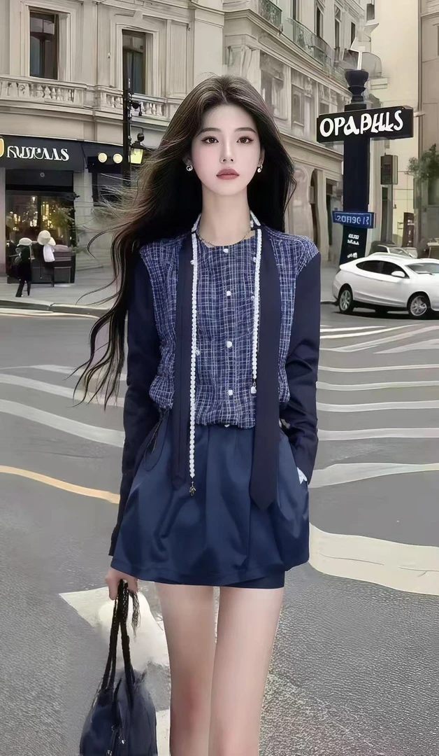 秋季新款高级感拼接设计圆领长袖上衣+深蓝色百搭半身裙女两件套