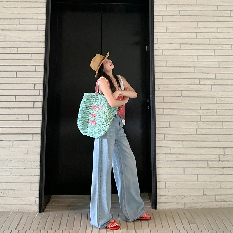 夏季浅蓝色凉感高腰复古宽松阔腿拖地牛仔裤女休闲慵懒拖地裤垂感