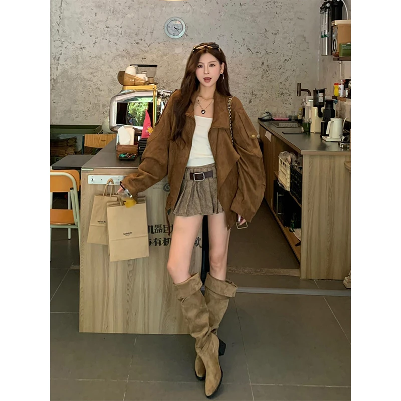 棕色美拉德麂皮绒夹克外套女秋季酷飒风高级感美式复古翻领机车服