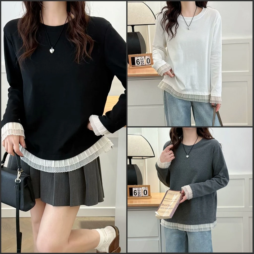 大码胖mm设计感减龄拼接花边圆领打底衫女早春新款宽松藏肉上衣