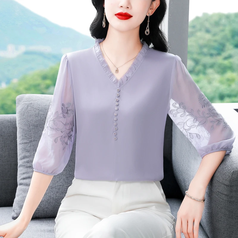 轻奢高级感刺绣七分袖雪纺衬衫女士夏装新款百搭洋气妈妈小衫上衣