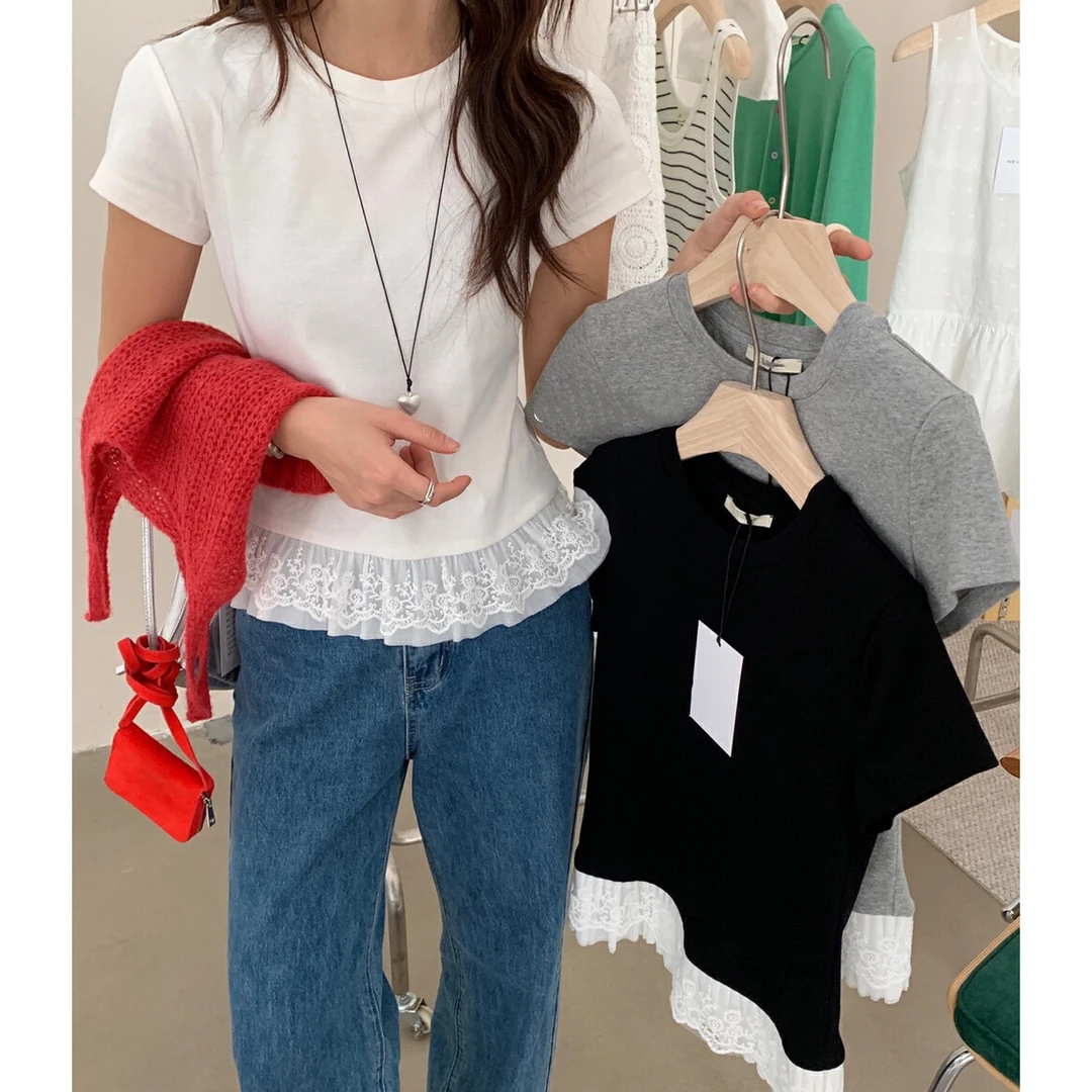【韩系蕾丝拼接花边圆领短袖T恤】夏季芭蕾风设计圆领正肩短袖上衣