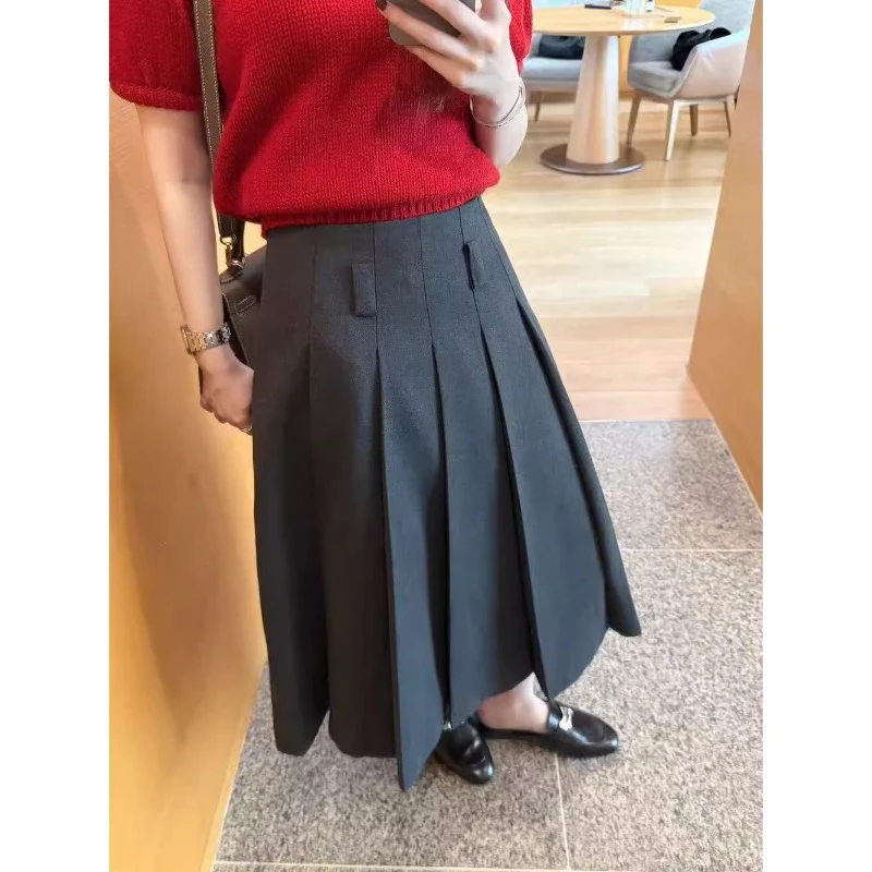 2025秋季新款韩版高腰百搭显瘦压褶A字半身裙女中长款百褶裙