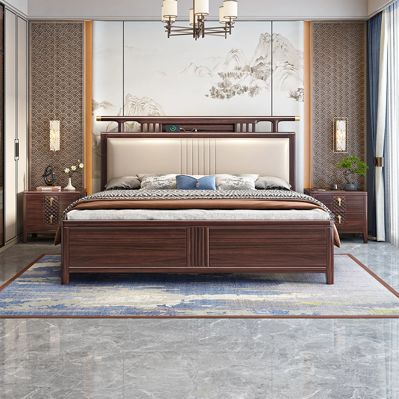 乌金木实木床新中式别墅家具主卧1.5米1.8m双人床软靠储物床W2035