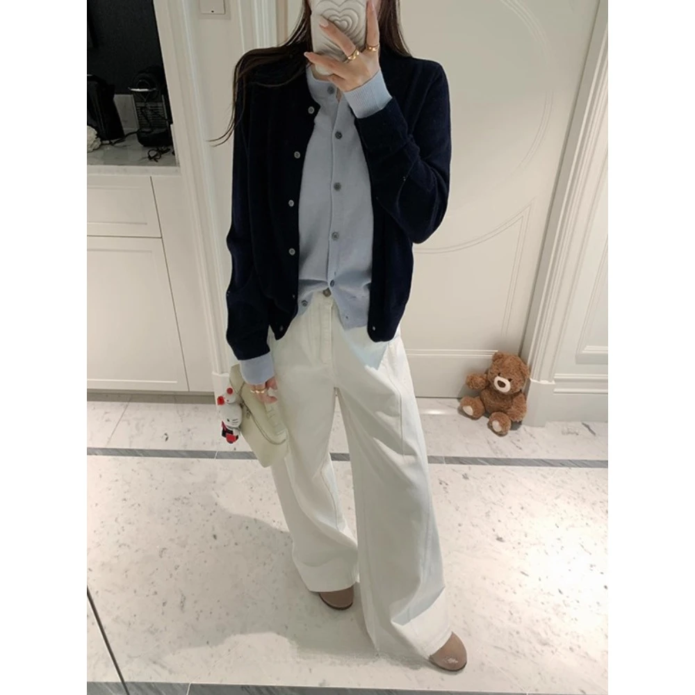 巨好搭！藏青色撞蓝色假两件针织开衫女2025早秋韩版圆领毛衣外套