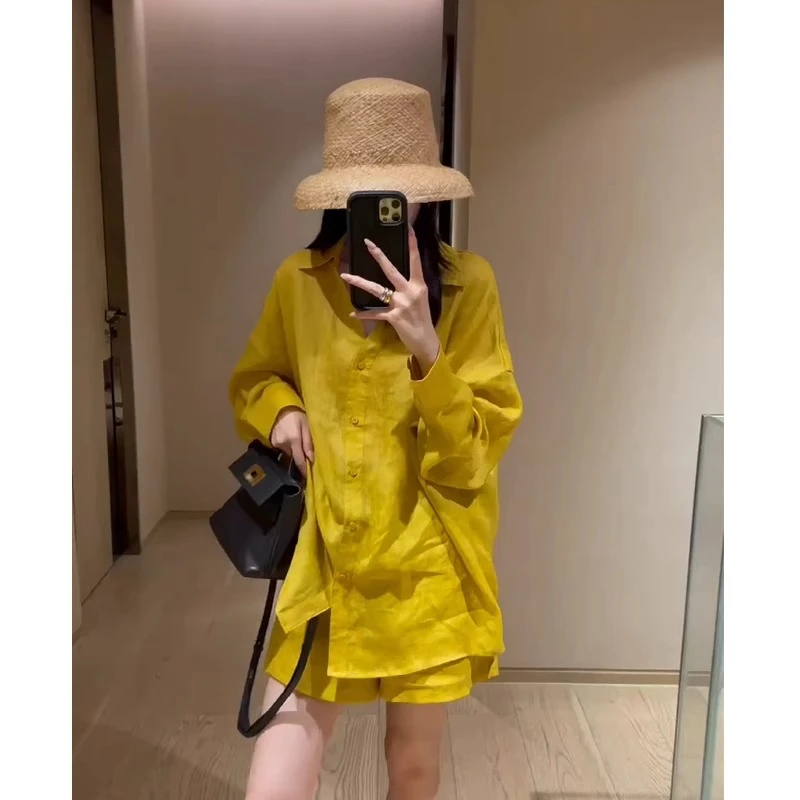 慵懒度假风亚麻衬衫套装女夏高端气质休闲防晒棉麻衬衫短裤两件套