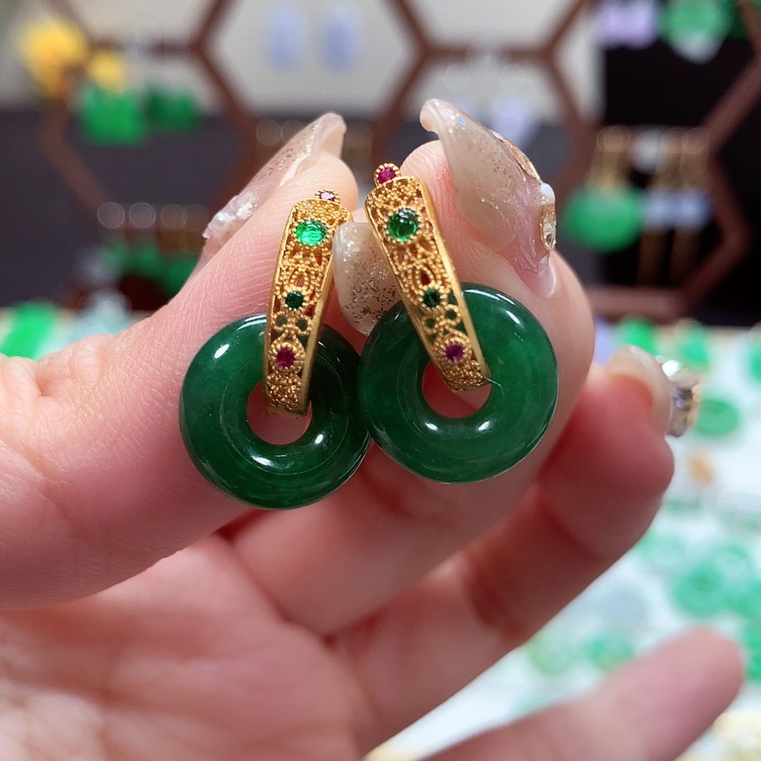 翡翠耳饰银S925镶嵌天然翡翠