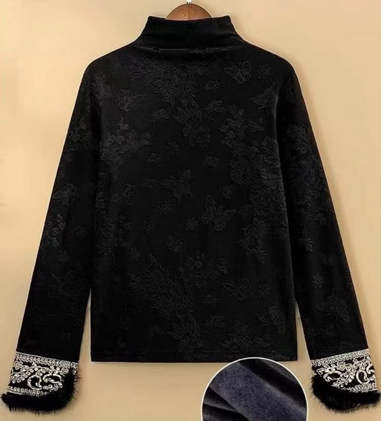 新中式国风加绒加厚打底衫女秋冬刺绣提花宽松显瘦长袖T恤上衣