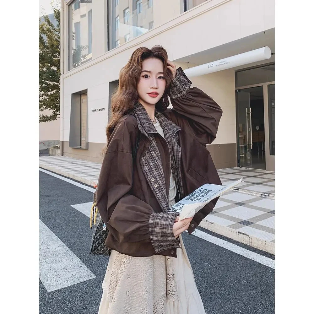 韩系穿搭好看慵懒松弛感格子拼接短外套女秋季新款工装休闲夹克