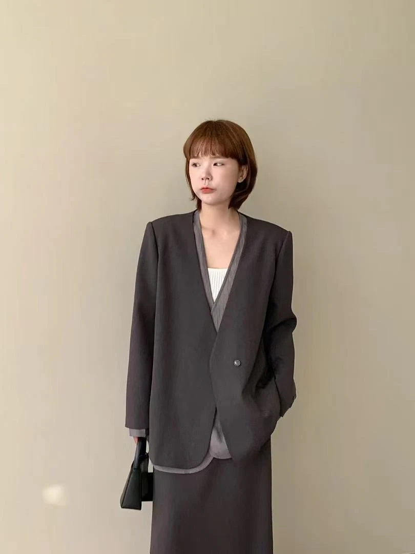 9633号56833#春新款百搭双口袋休闲无领气质西装外套（预）