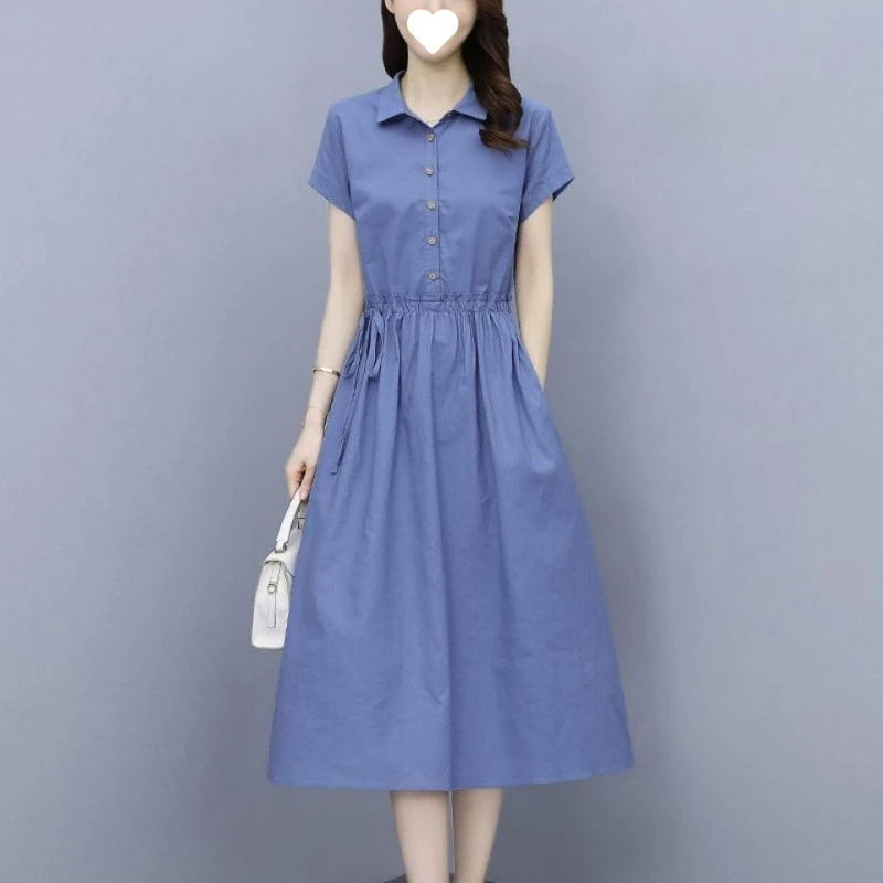 纯棉连衣裙短袖女装2025夏季新款宽松抽绳收腰遮肚