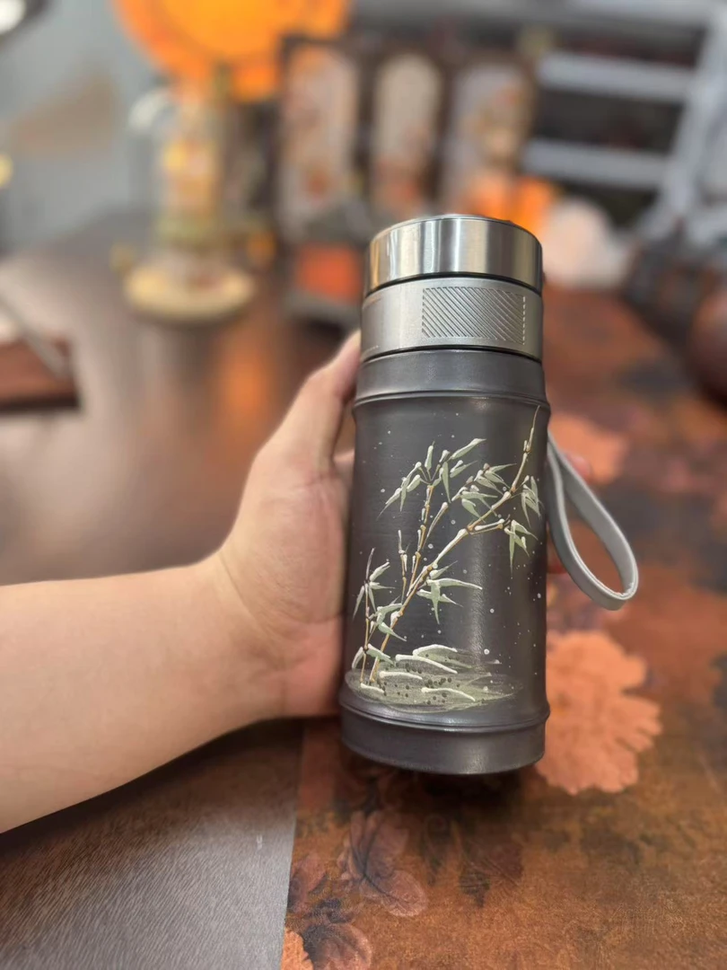 宜兴原矿紫砂玄铁石黄雪竹竹节随身杯茶水分离家用办公茶具