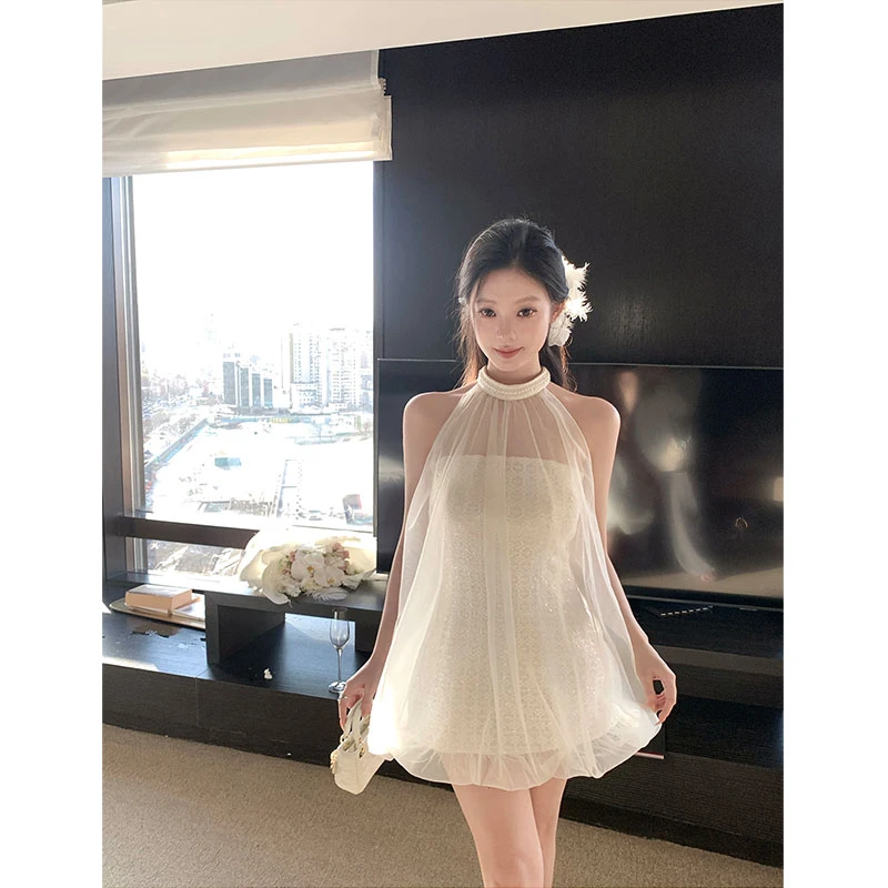【告白盛夏】ins气质御姐名媛范挂脖无袖裙子钉珠重工网纱连衣裙