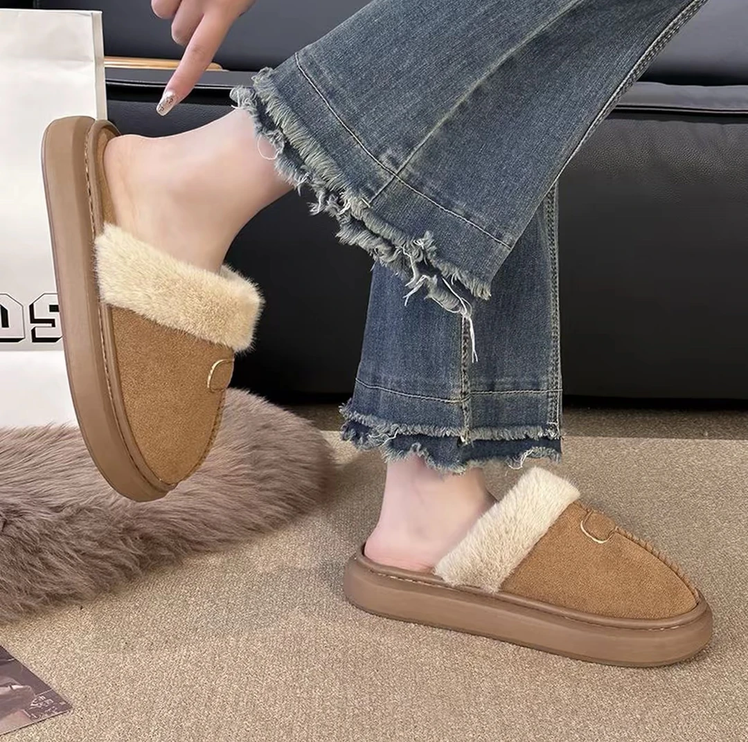 冬天女韩版包头拖鞋毛绒棉拖鞋厚底新款时尚加绒高级情侣款水貂毛
