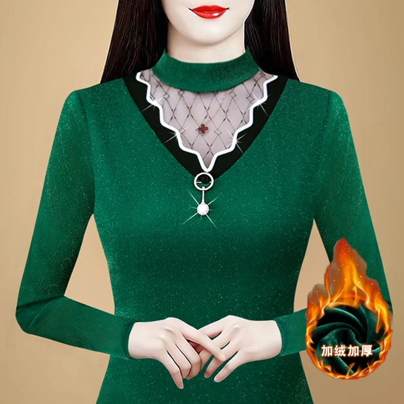 加绒打底衫女长袖t恤小衫2025秋冬新款内搭外穿网纱保暖蕾丝上衣