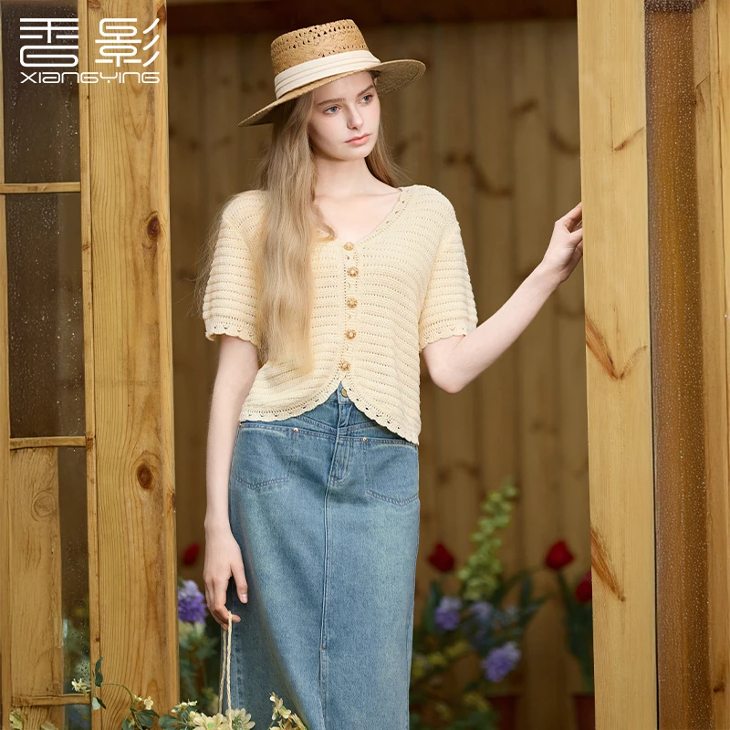 【直播专享】M85S407毛针织衫 香影v领针织衫女短袖夏装新款慵懒