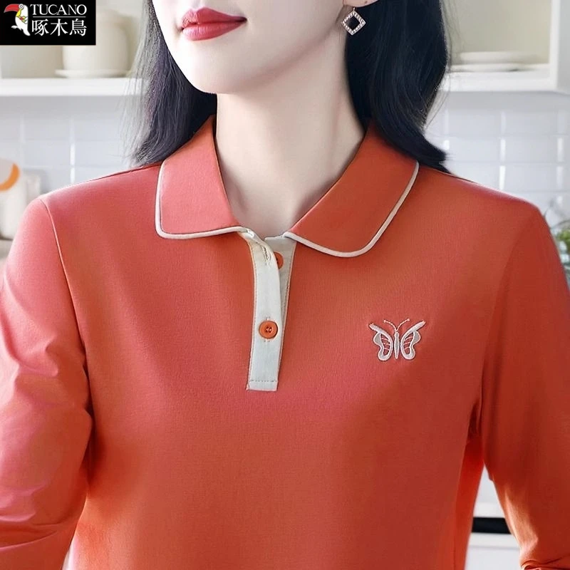 啄木鸟新款刺绣拼色上衣大码显瘦女减龄秋季长袖时髦气质翻领T恤