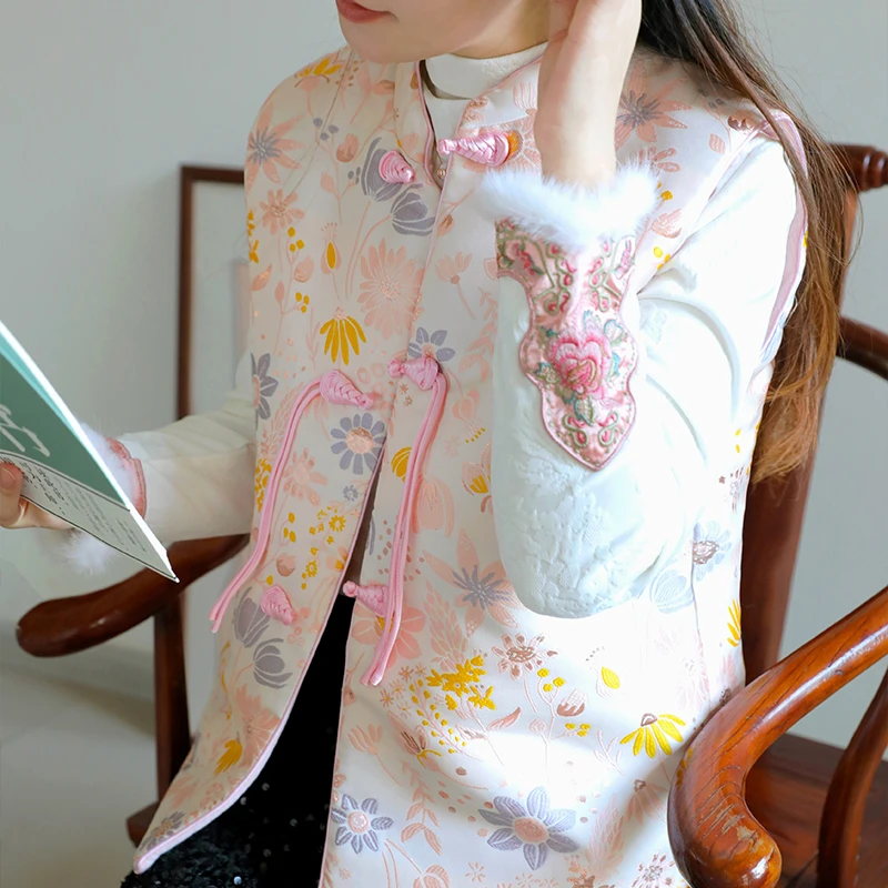 女士新中式盘扣纯棉花马甲 中国风复古马夹保暖棉背心坎肩秋冬