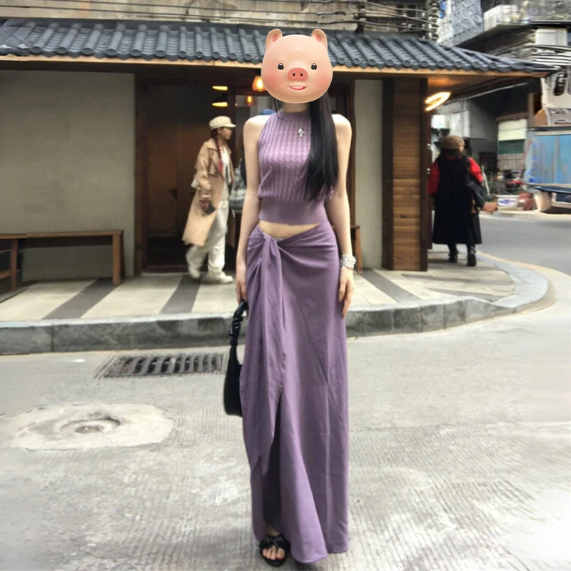 紫色无袖背心连衣裙子女夏季2025高级感挂脖上衣半身裙两件套2240
