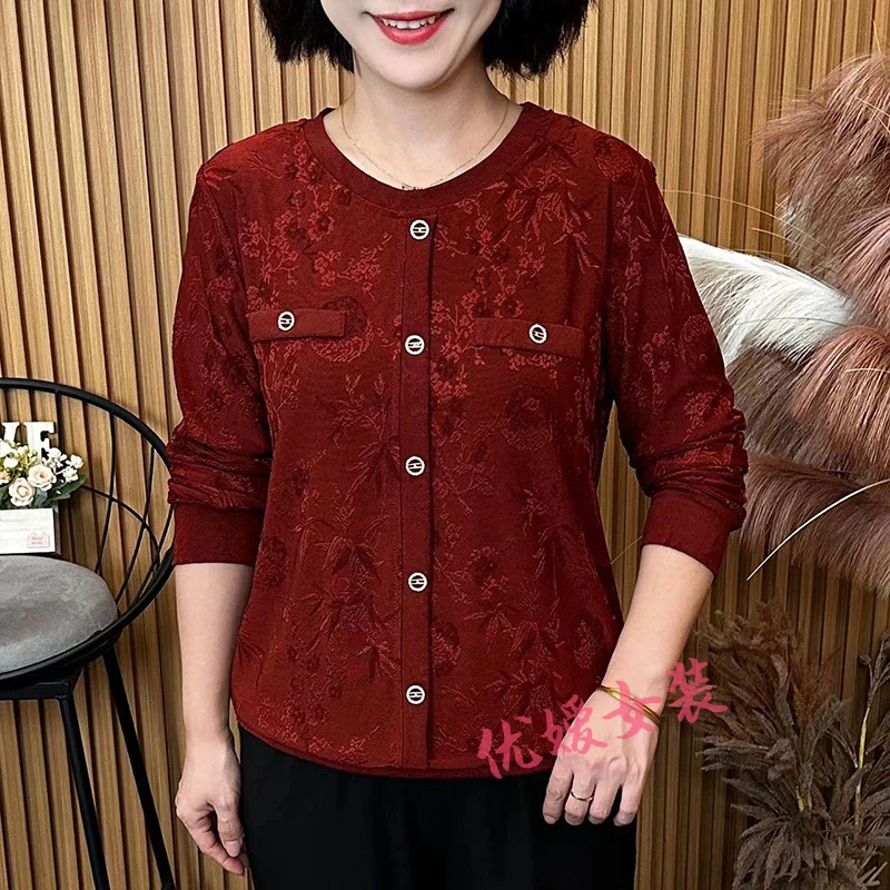 中老年女装秋季时尚圆领拼接套头宽松显瘦百搭洋气妈妈装长袖上衣