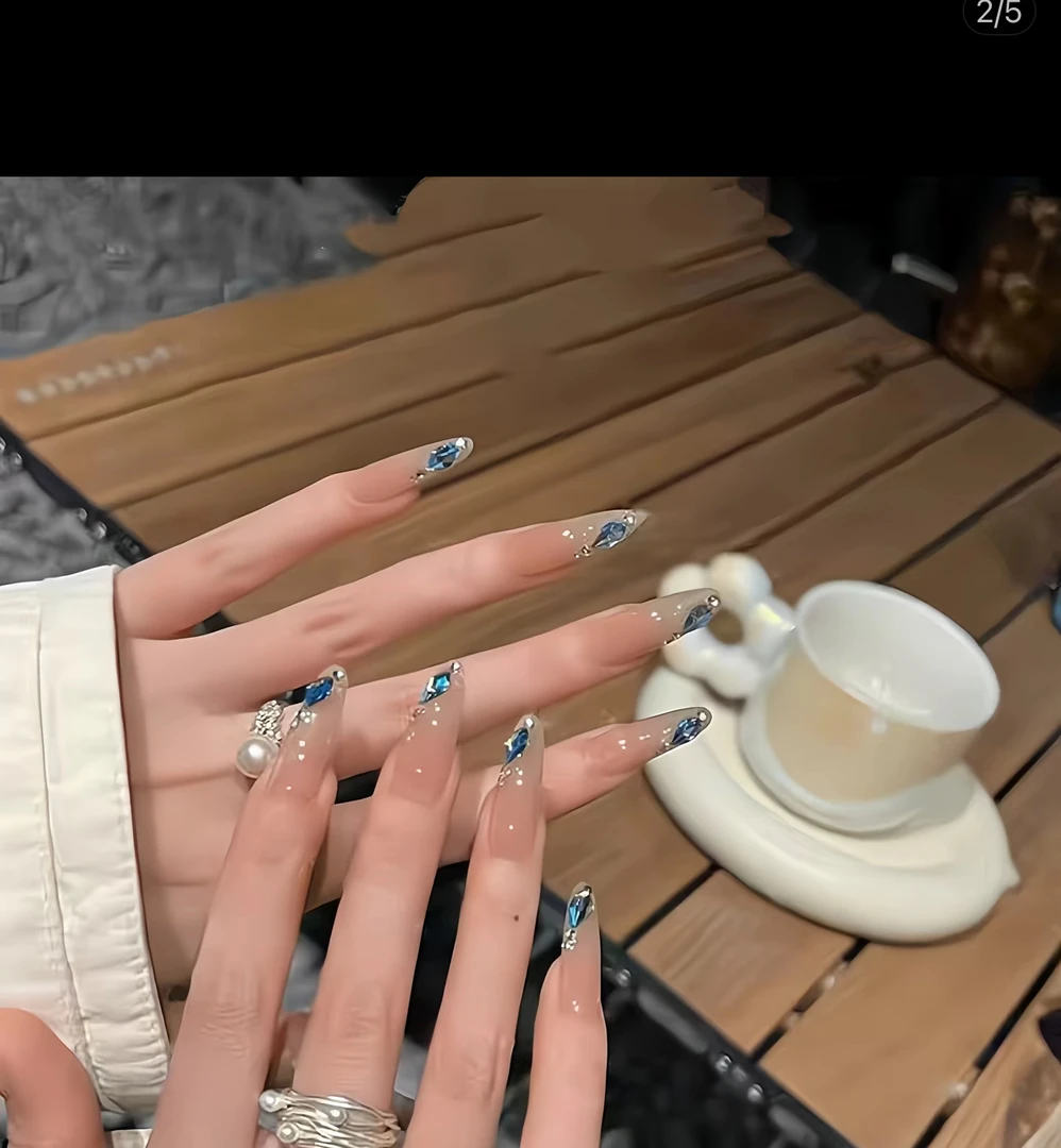 星辰大海  手工穿戴甲海洋蓝锆石冰透显白光疗美甲可拆卸穿戴甲