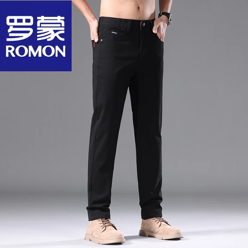 罗蒙Romon/新款高端白色牛仔裤男士修身直筒弹力百搭休闲裤夏长裤