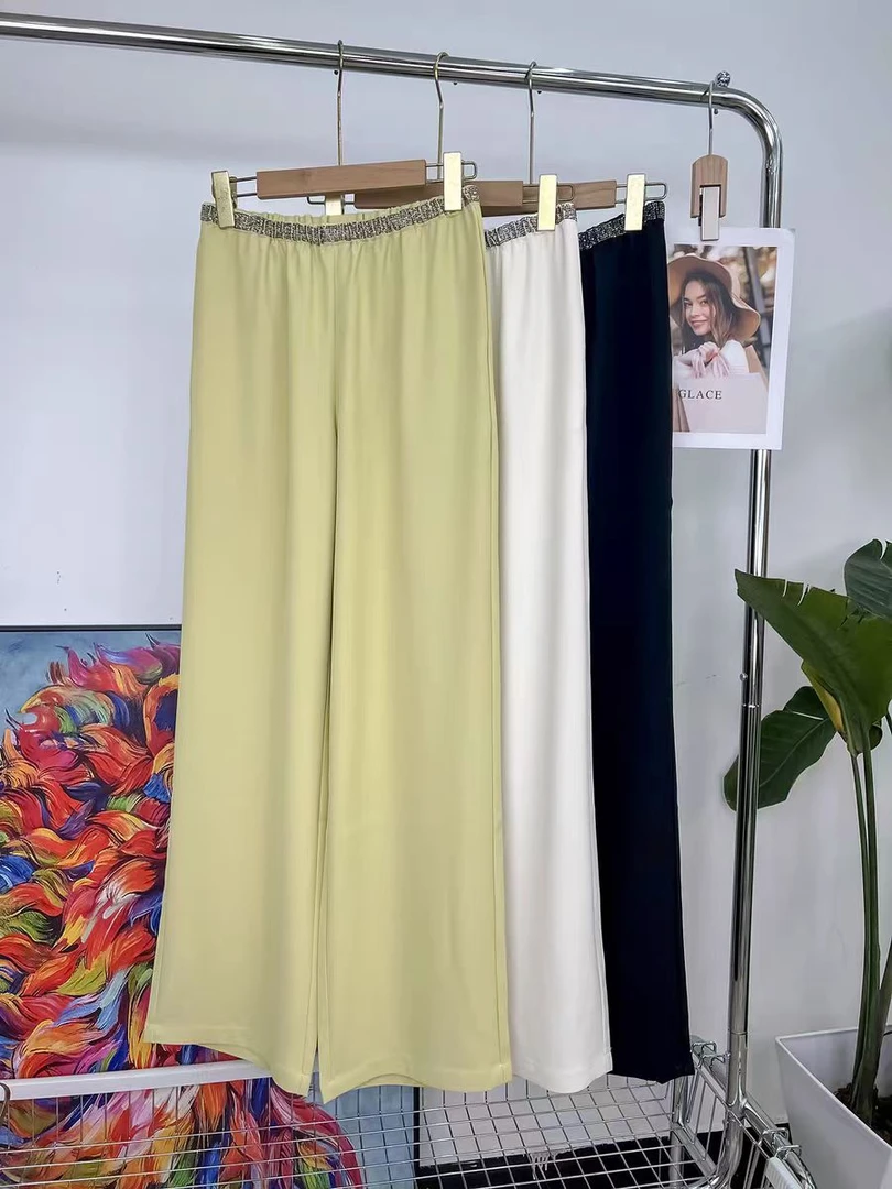 2025年新款春季百搭时尚醋酸阔腿裤设计感高腰烫钻宽松垂感显瘦