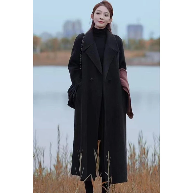 拉夏贝尔2025秋冬季新款时髦洋气过膝中长款风衣女加厚西装领外套