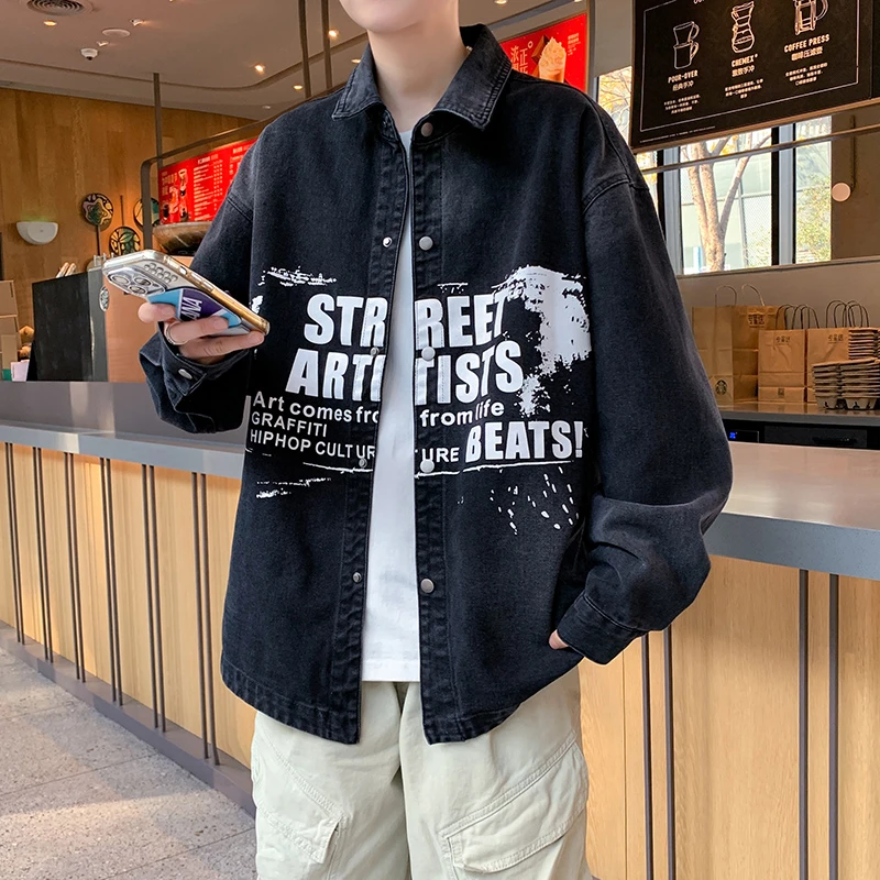 春秋季潮牌潮流新款青少年男生宽松牛仔休闲衬衣帅气外套夹克春款