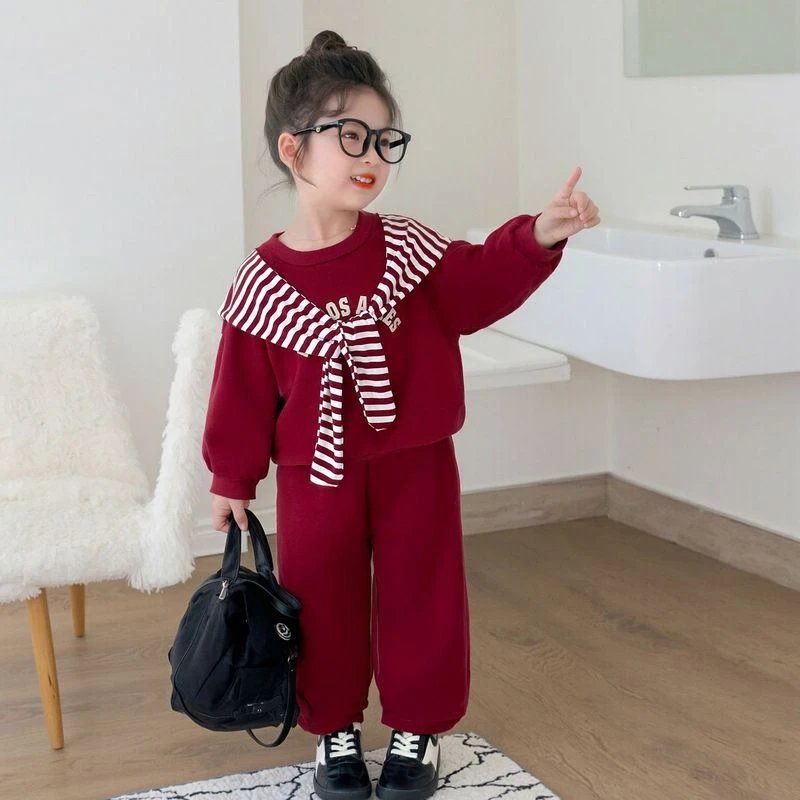 女童秋装套装2025新款洋气儿童条纹披肩卫衣卫裤女宝宝休闲三件套