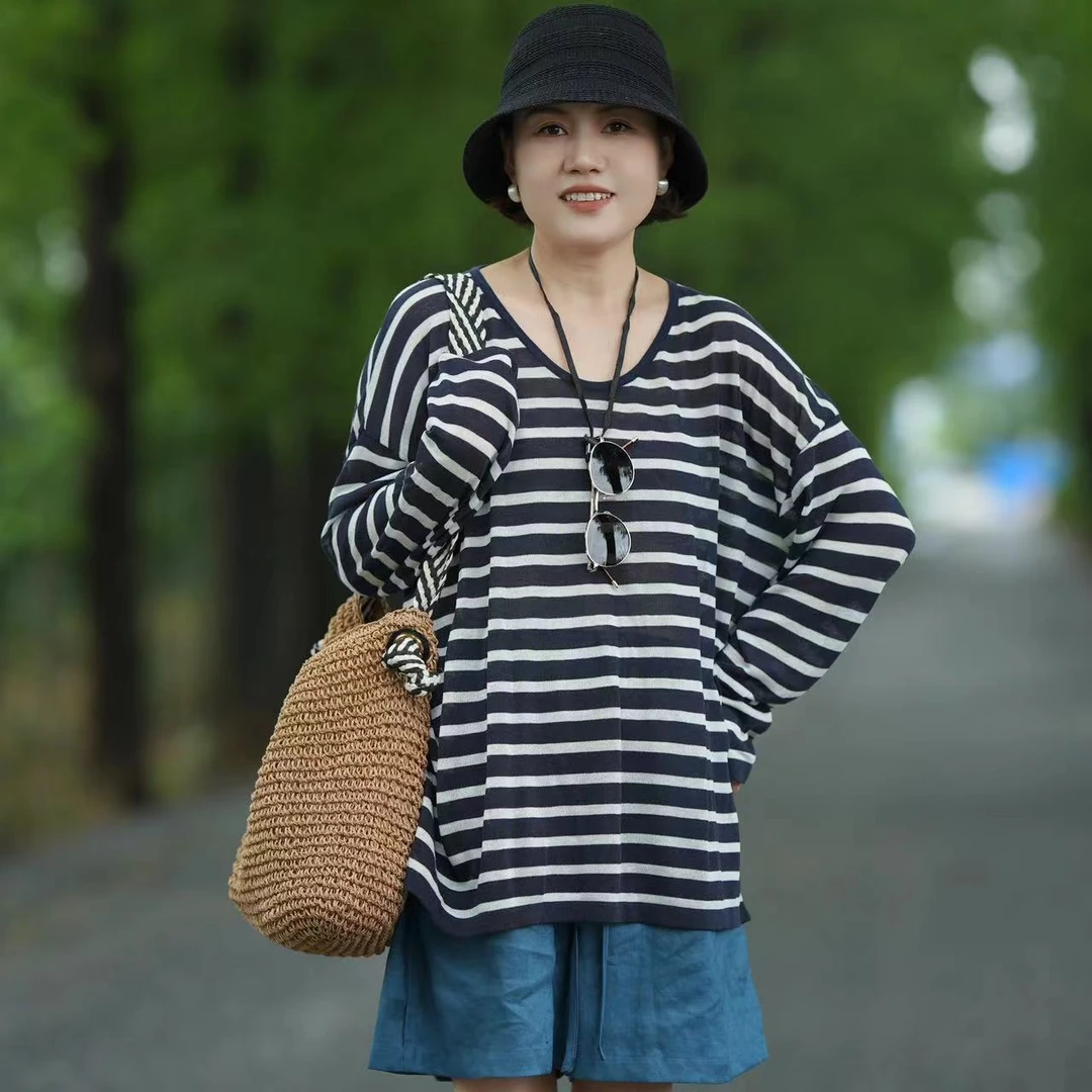 【0956】慵懒随性自由风~天丝亚麻U领罩衫 薄款撞色条纹长袖针织T恤