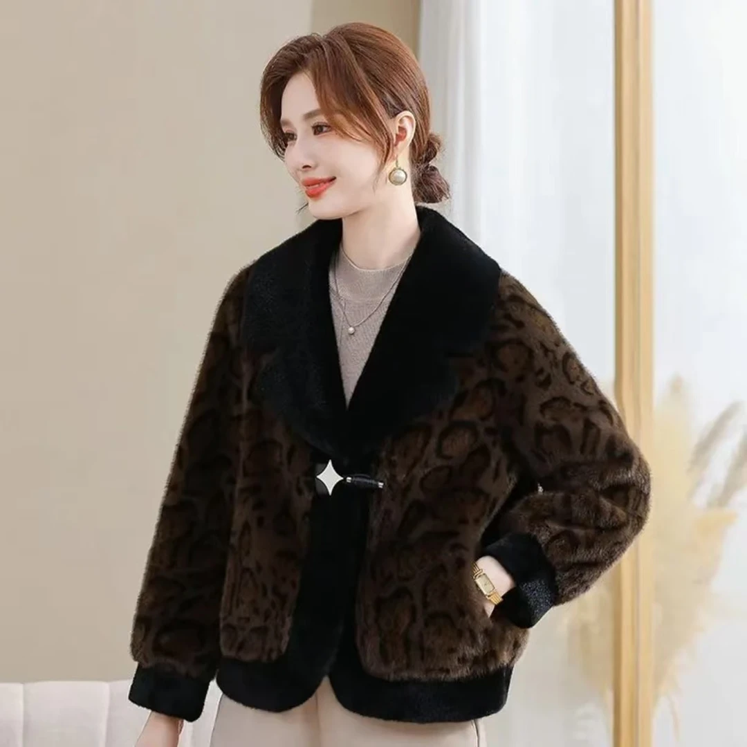 星星扣豹纹经典大翻领高级感轻奢毛毛外套新款休闲百搭气质感