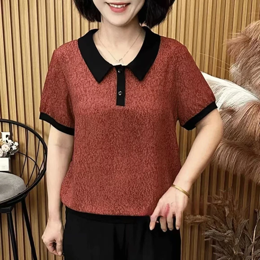 妈妈装百搭短袖夏季新款中老年女装撞色透气宽松显瘦T恤宽松上衣