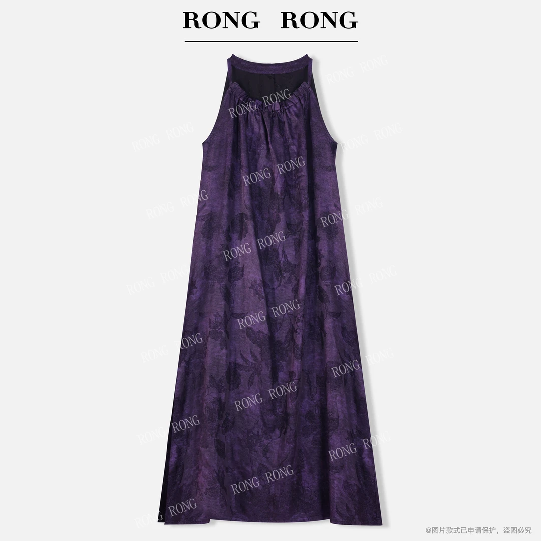 溶溶【紫调山河】RONGRONG 100人丝国风水墨画提花无袖连衣裙AW489