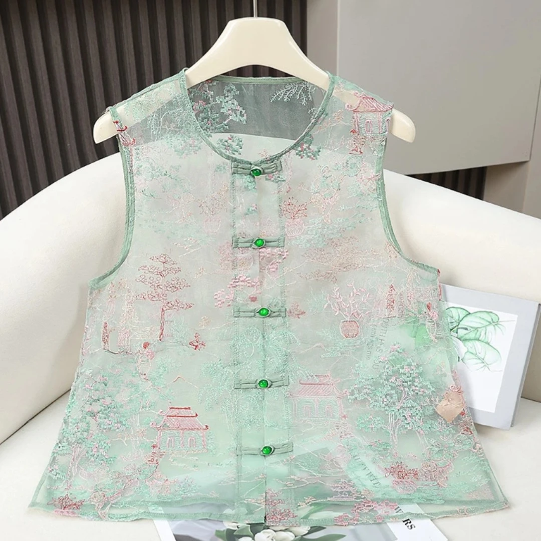 1508国潮中式复古刺绣亭台圆领薄款马夹坎肩绣花阁