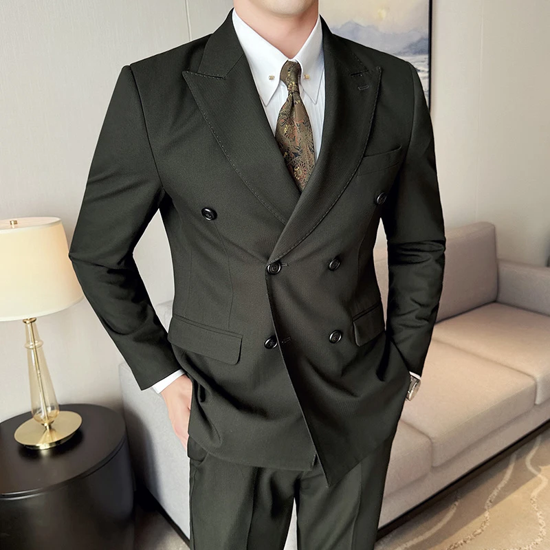 高级感商务气质绿礼服韩版戗驳领双排扣休闲婚礼宴会主持西服套装