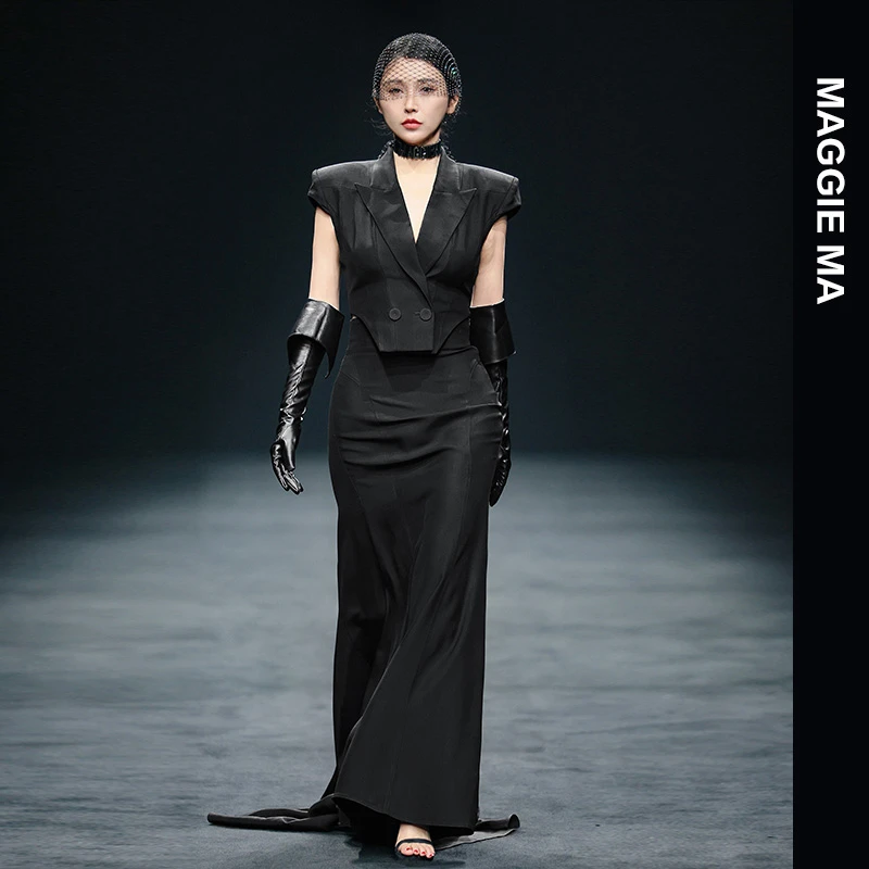 MAGGIE MA马婧设计师款轻奢女装翻领无袖马甲包臀半身裙155S/157B