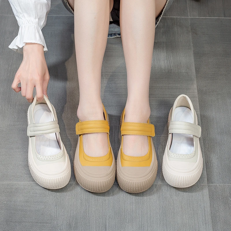 2025新款头层牛皮厚底玛丽珍女鞋网红爆款浅口休闲百搭魔术贴单鞋