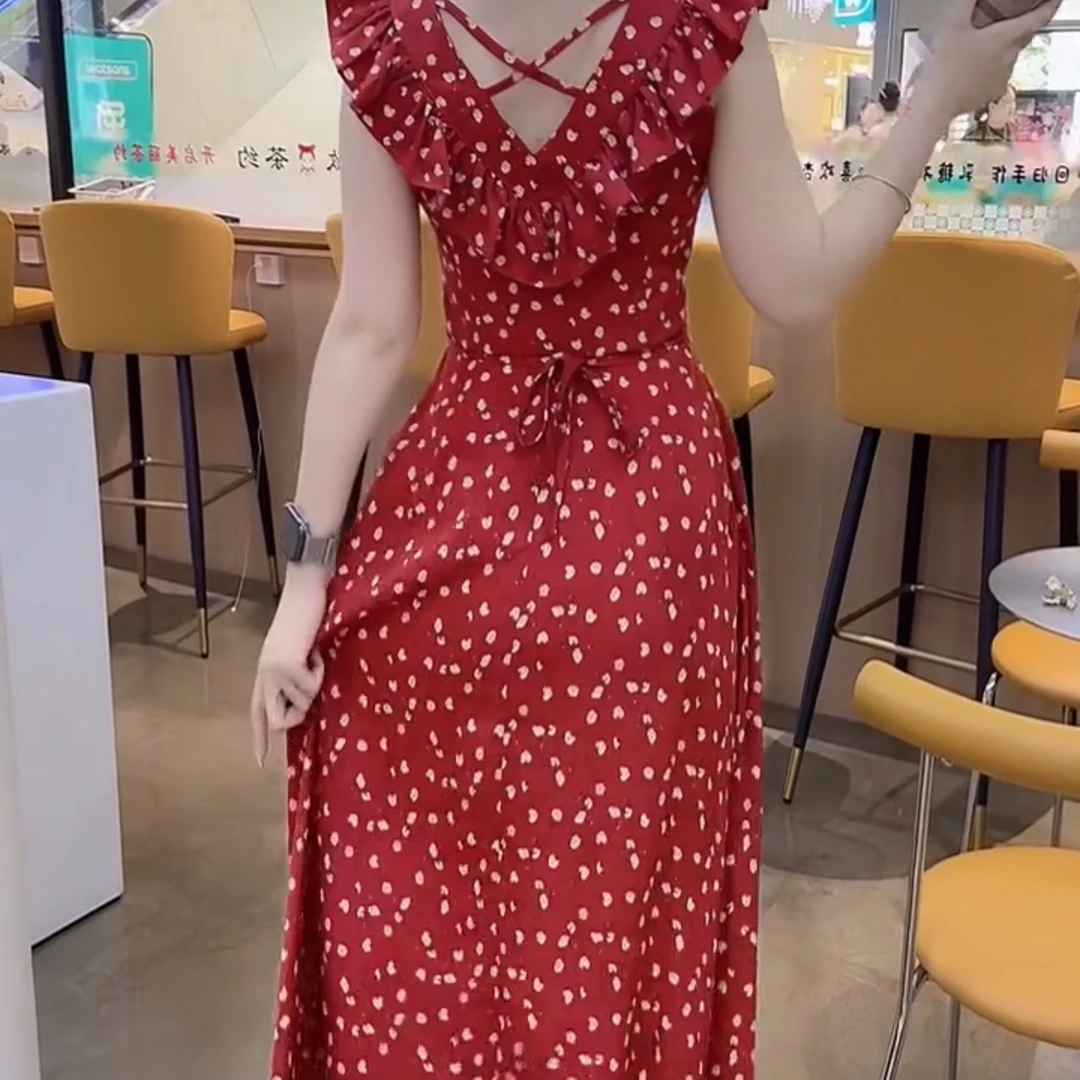 法式飞飞袖荷叶边V领收腰碎花夏季修身显瘦长款连衣裙