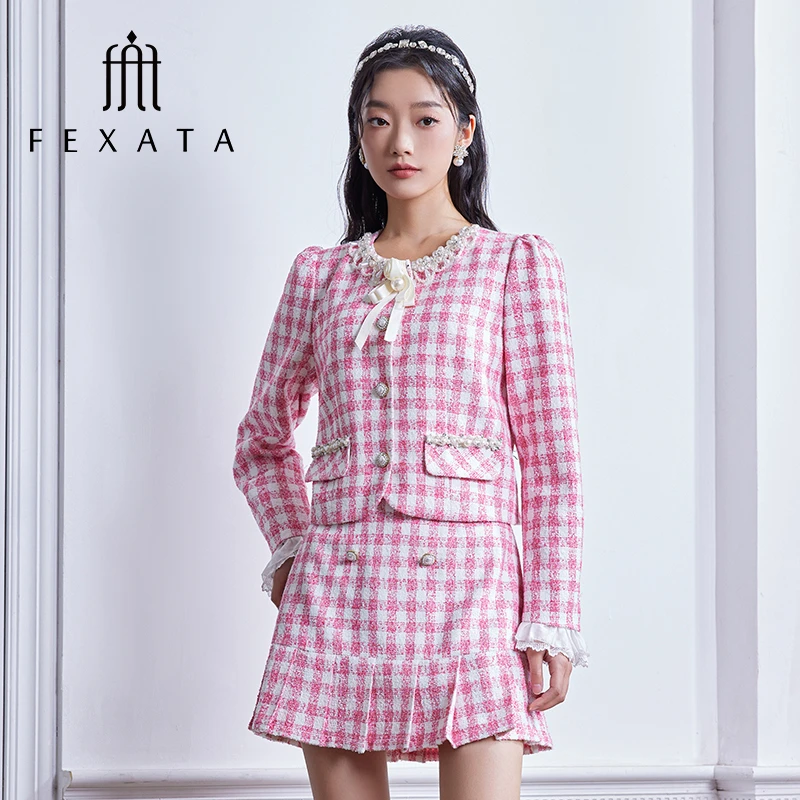 【白姐专属】FEXATA斐格思千金感粉格两件套装女F41V0803