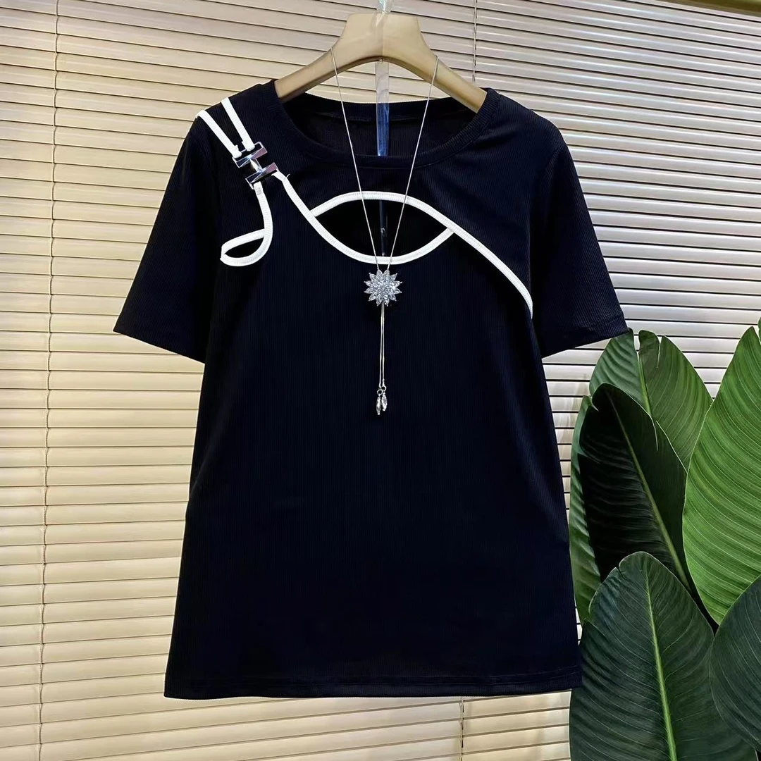 Y欧货时尚新款洋气镂空拼条设计显瘦短袖上衣